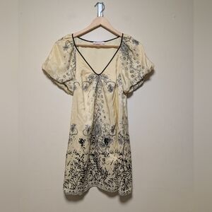 Helena Sorel 100% Silk Floral Dress Yellow Black Puff Sleeve Size S